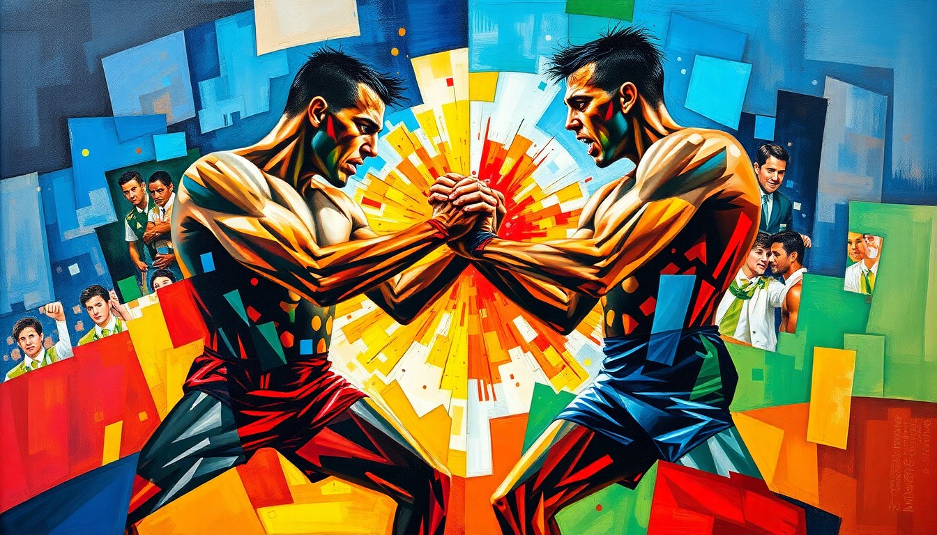 A fragmented, cubist-style painting depicting the intense physical action and competitive spirit of a wrestling match, with the figures of the two wrestlers broken down into overlapping geometric shapes and planes of vibrant, energetic colors.