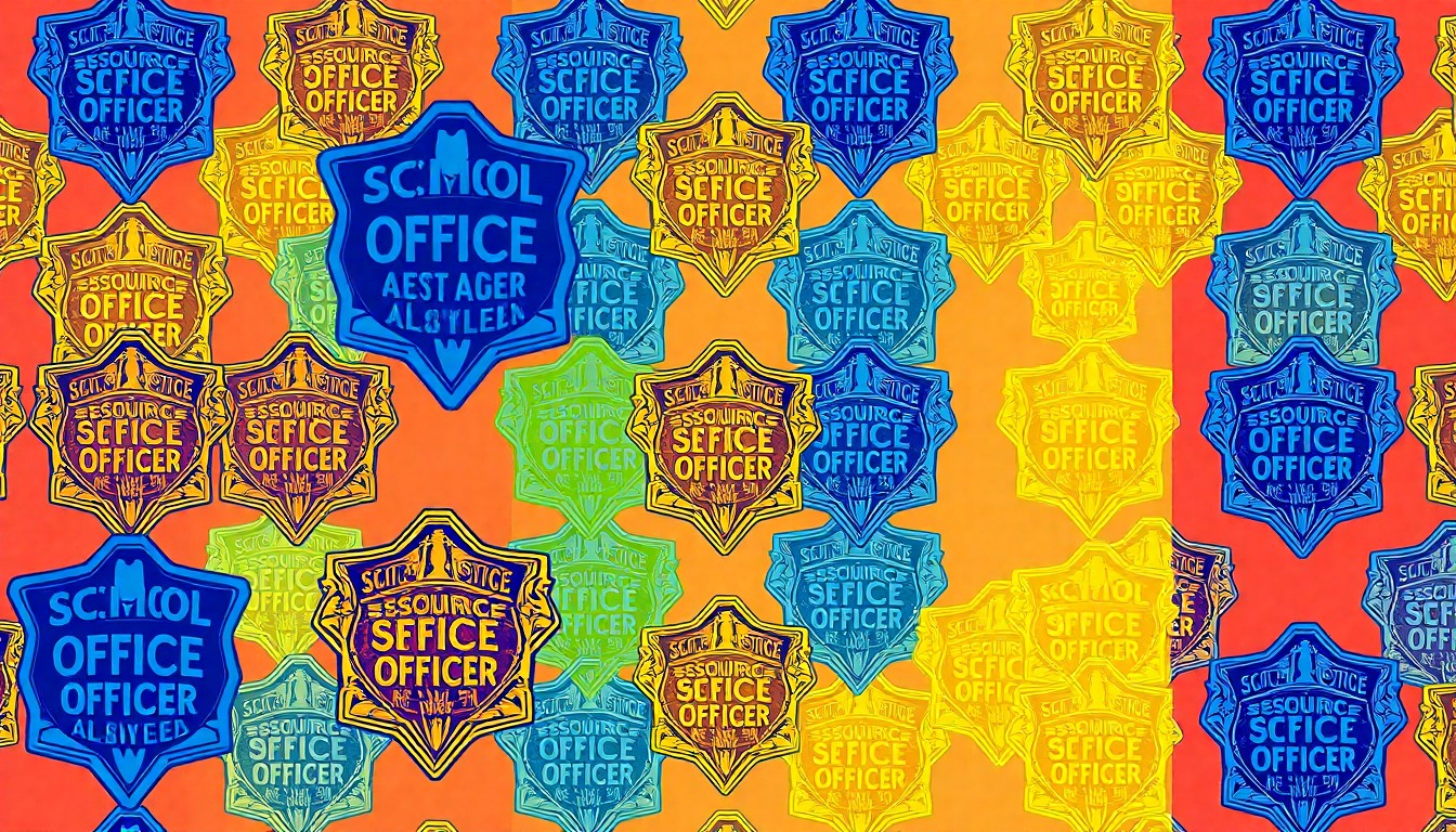 A vibrant, high-contrast silkscreen print featuring repeated images of a school resource officer badge and a school social worker's badge in a grid pattern, conceptually representing the debate over campus safety priorities in Peoria schools.