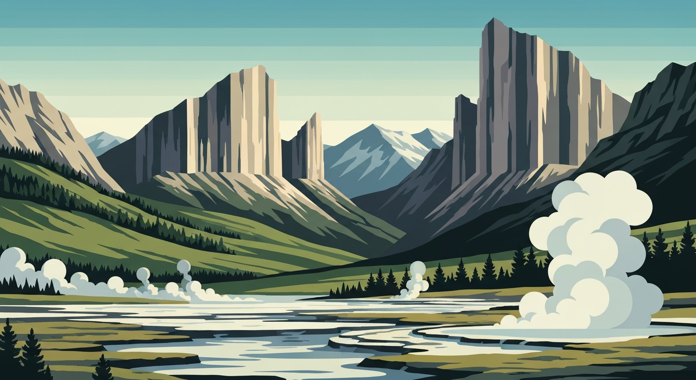 A bold, geometric illustration depicting the sweeping, monumental vistas of Yellowstone National Park, with towering mountains, steaming geysers, and dramatic, streamlined forms, capturing the awe-inspiring beauty of the park's natural features.