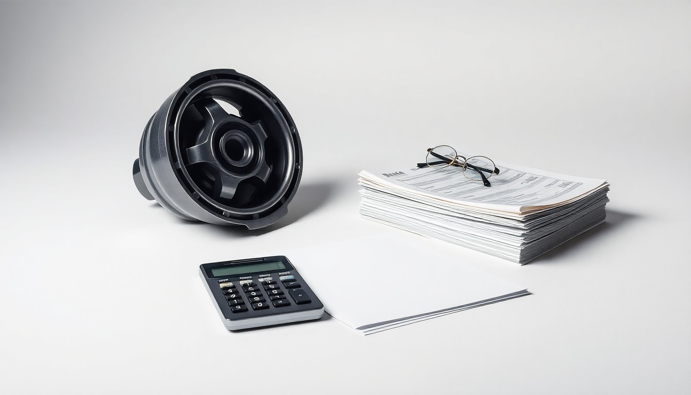 A photorealistic studio still life featuring a shiny metal car part, a calculator, and a stack of financial documents arranged elegantly on a clean, monochromatic background, symbolizing the abstract corporate strategy, finance, and risk facing the automotive industry.