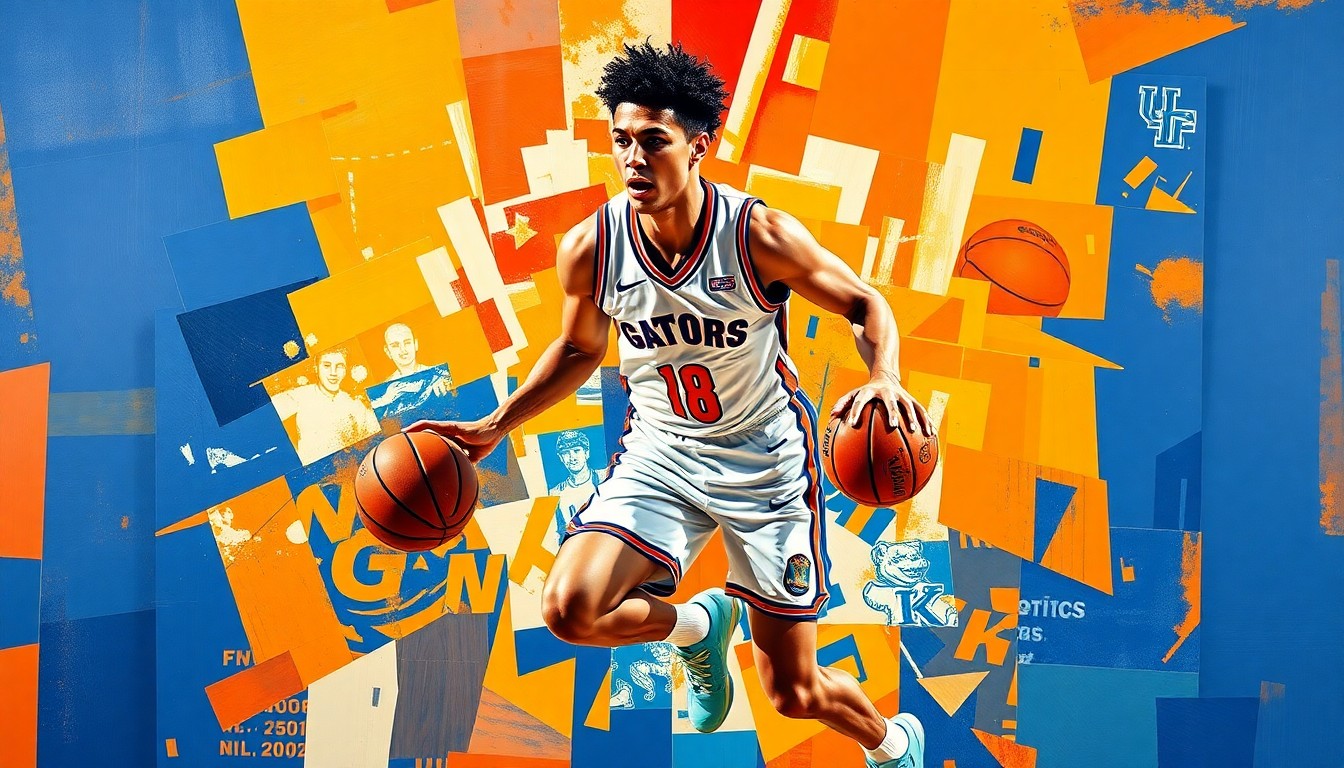 A cubist, geometric painting depicting a college basketball player in motion, with sharp, overlapping planes of color representing the player's movement and the contrasting uniforms of the Florida Gators and Kentucky Wildcats.