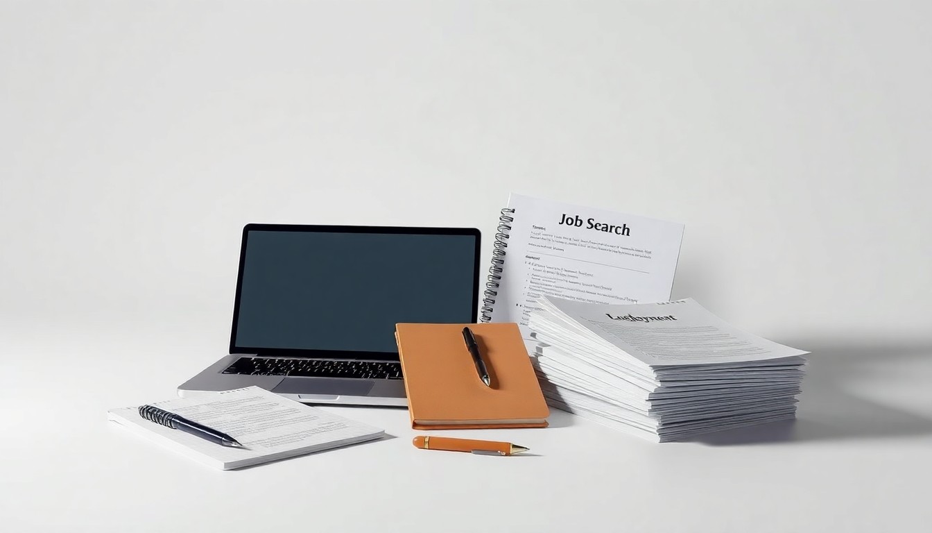 A photorealistic studio still life featuring a neatly arranged collection of office supplies and job search materials, conveying the abstract concepts of employment, networking, and community resources.