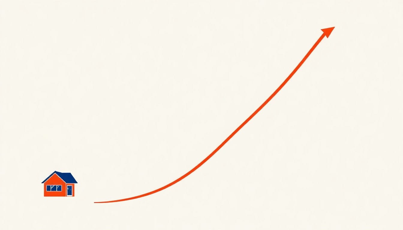 A minimalist abstract illustration using bold geometric shapes and primary colors to represent the divergent housing price trends between New Jersey and the broader U.S. market.