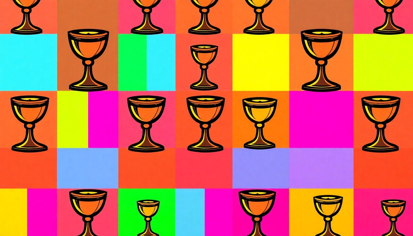 A high-contrast, brightly colored silkscreen print of a single Eucharistic chalice repeated in a tight grid pattern, capturing the sacrament's centrality to the bishops' vision of holistic stewardship.