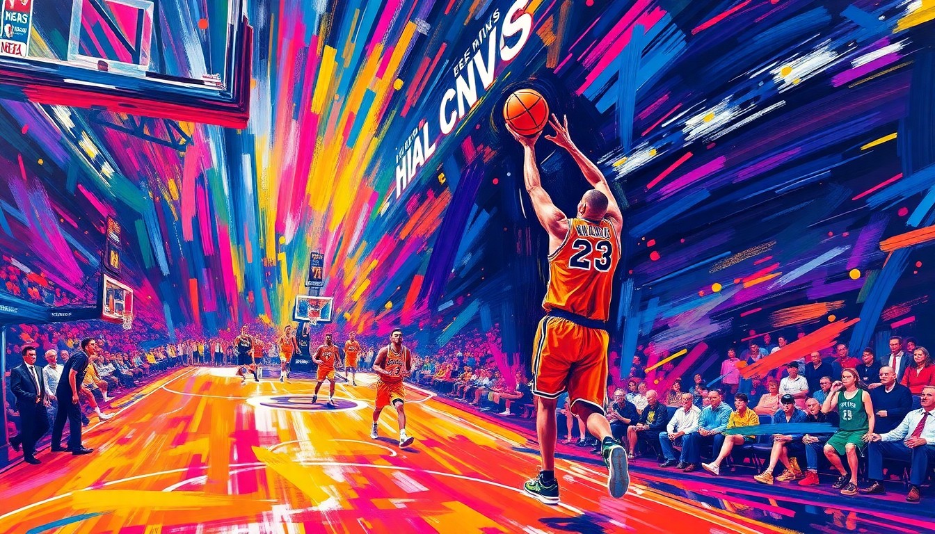 An abstract, expressionist painting using bold, neon-like brushstrokes in shades of orange, pink, and blue to capture the dynamic movement and intensity of a basketball game.