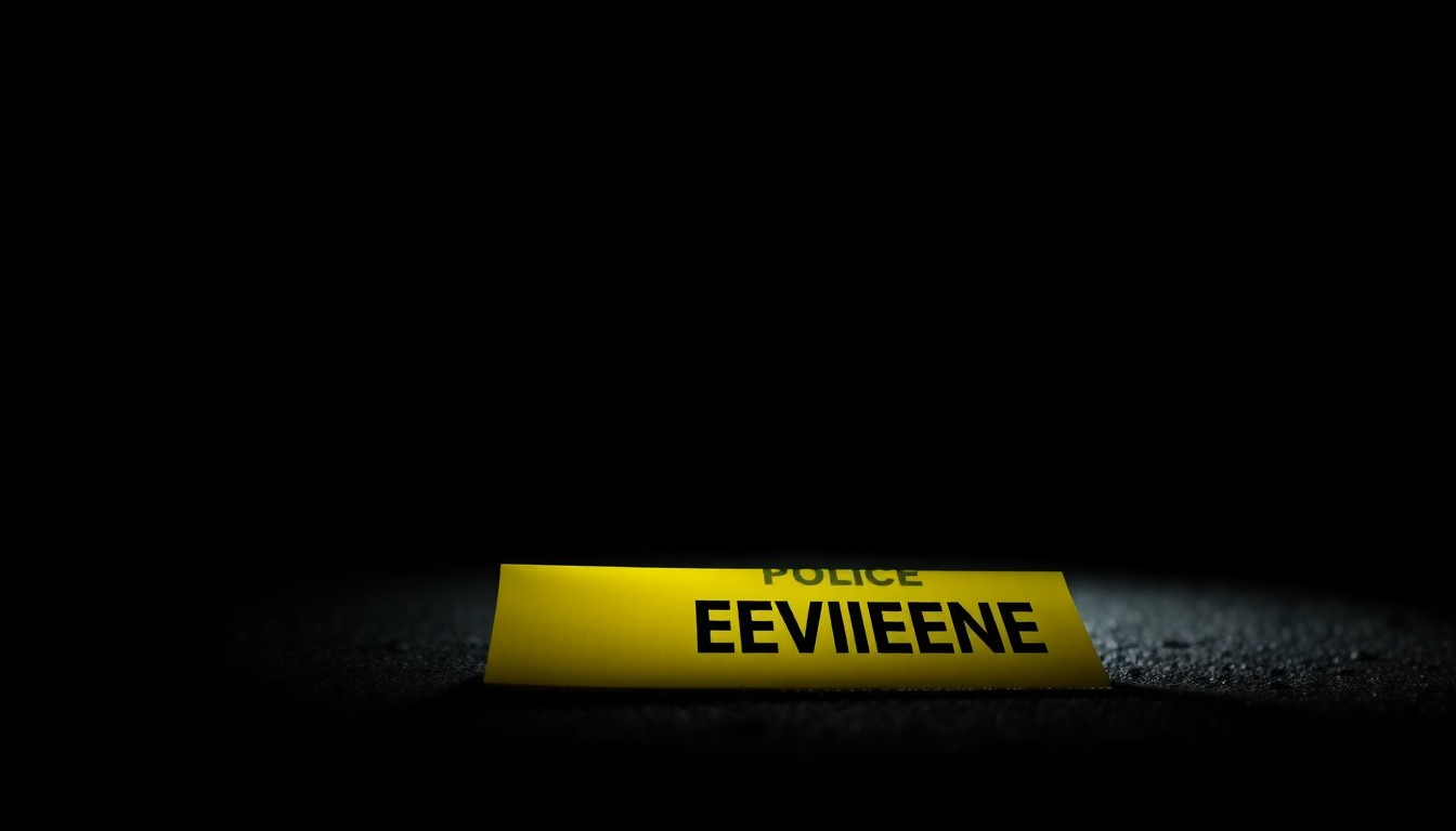 An extreme close-up photograph of a police evidence marker on the ground, lit by a harsh, direct camera flash against a pitch-black background, conceptually illustrating the gritty investigation into recent violent incidents in downtown Wilmington.