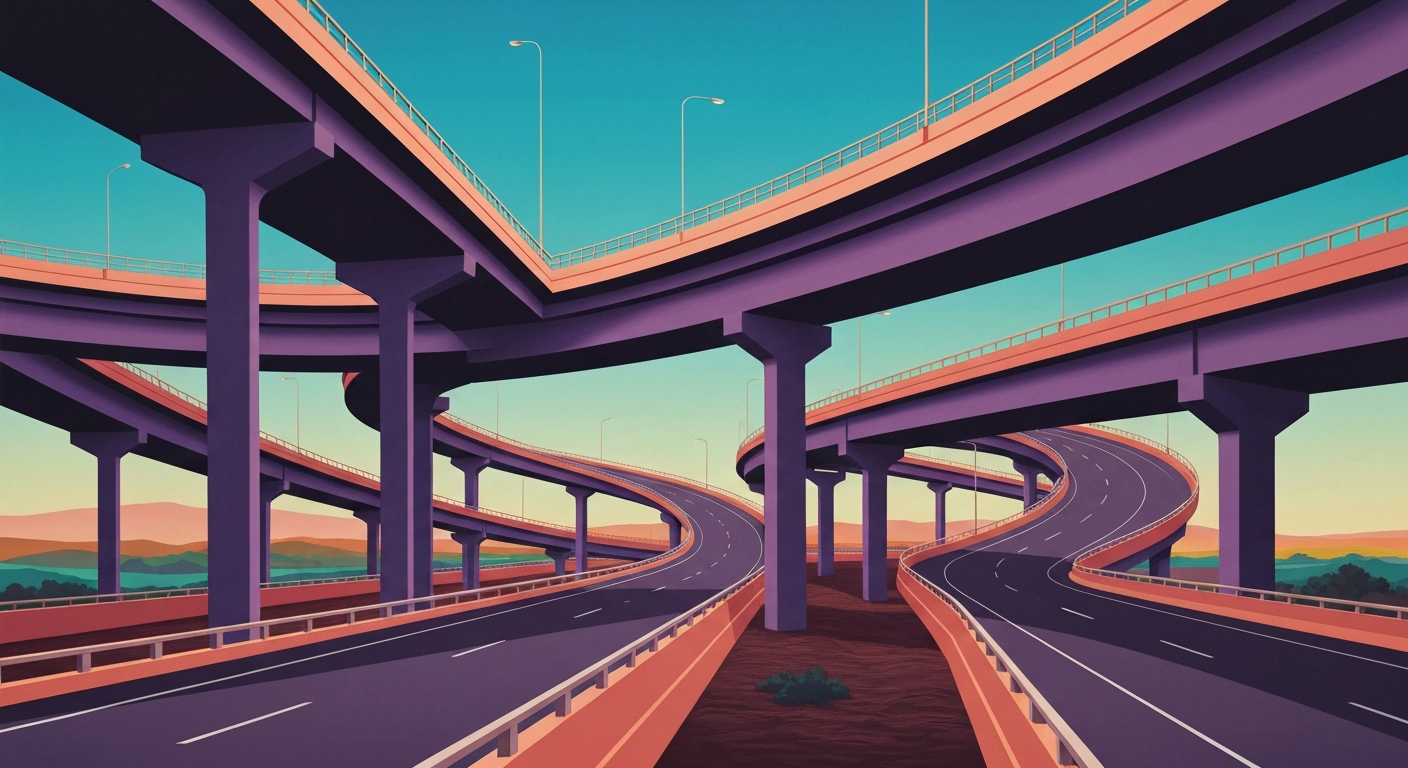 A highly stylized, geometric illustration depicting the sweeping curves and towering perspectives of a highway interchange, rendered in bold, airbrushed gradients of greys and blues to conceptually represent the temporary closure of a key ramp.