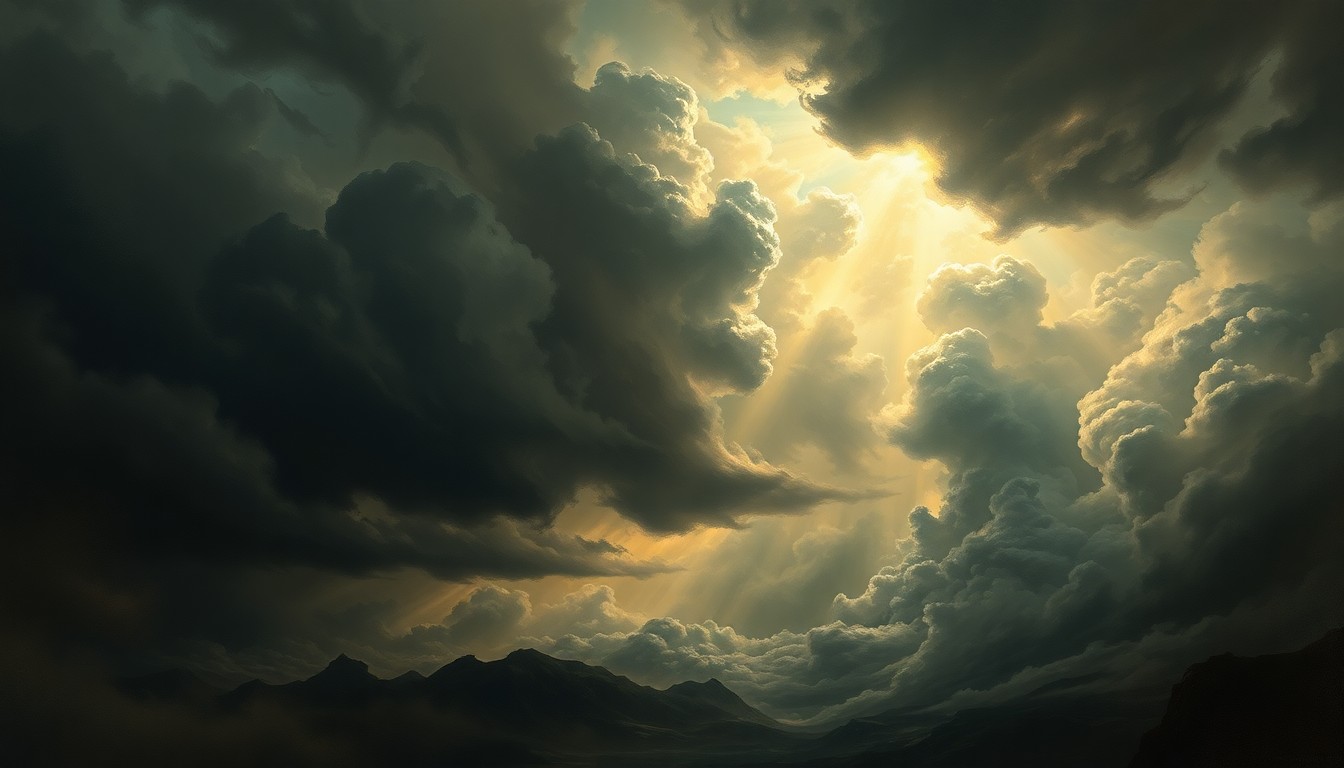 A dramatic, atmospheric landscape painting depicting a stormy sky filled with dark, swirling clouds and dramatic rays of light, conveying the overwhelming power of nature.