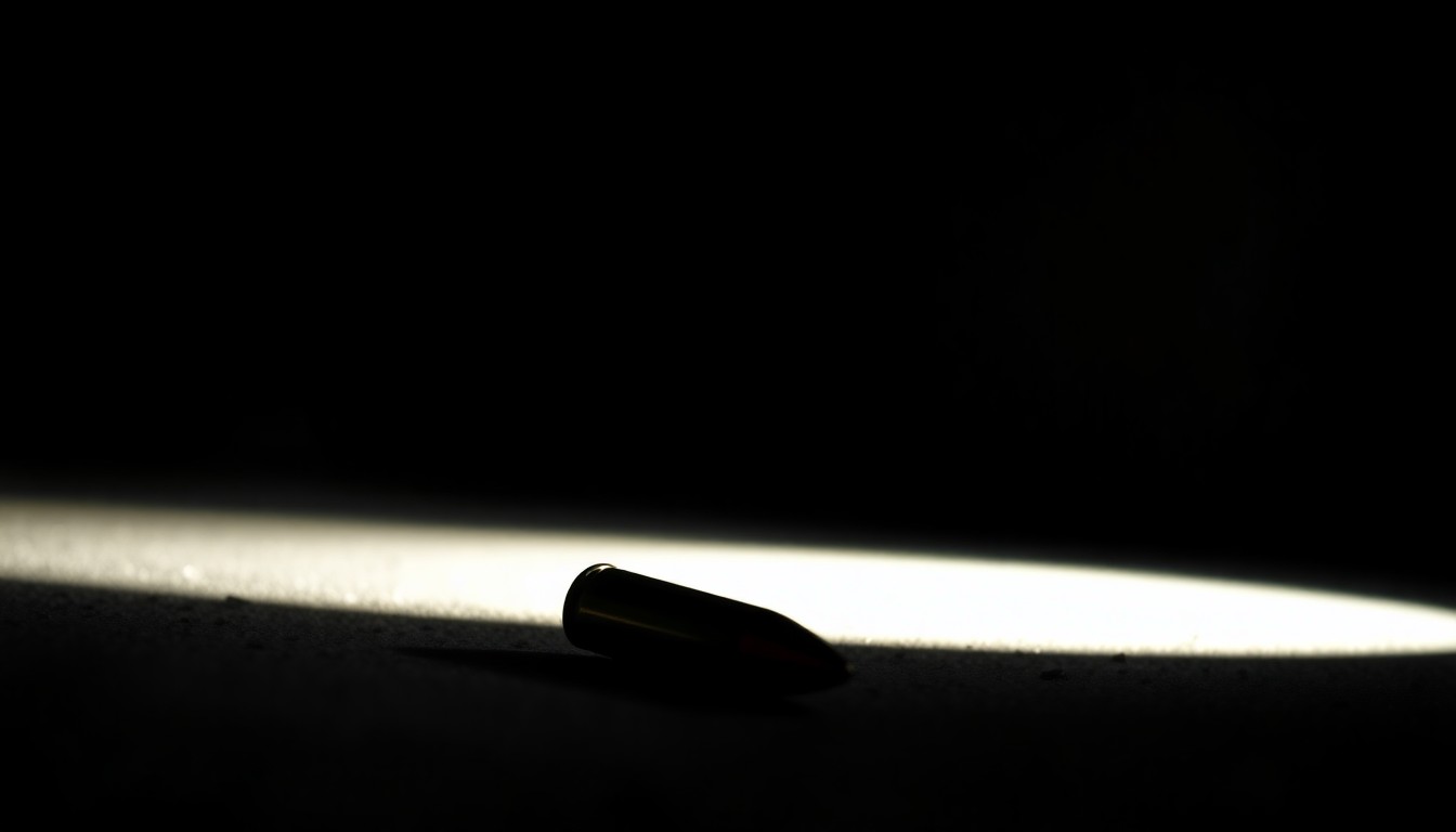 An extreme close-up photograph of a spent bullet casing on the ground, reflecting a harsh, direct camera flash, conceptually illustrating the violence of the reported shooting incident.