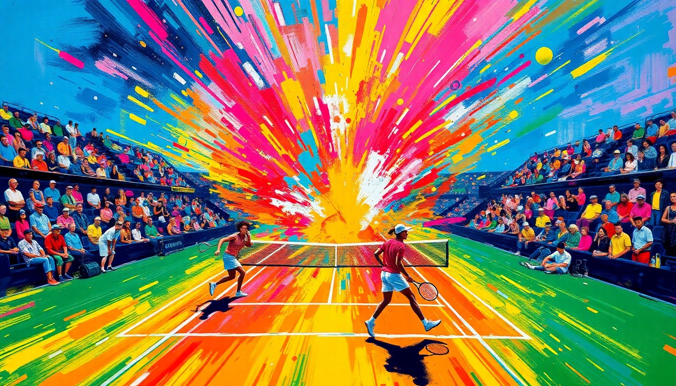 An abstract, expressionist painting in vibrant neon colors, capturing the energy and excitement of a professional tennis tournament with players' figures and the court dissolving into dynamic brushstrokes.