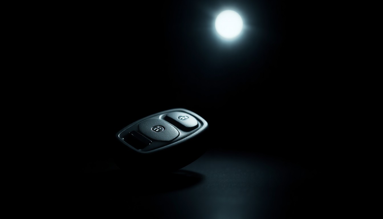 An extreme close-up photograph of a worn and weathered car key fob against a pitch-black background, conceptually representing the search for a missing person.