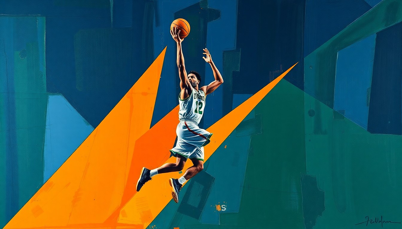A cubist-style painting depicting a basketball player's jump shot broken down into overlapping geometric shapes and planes in a palette of navy, green, and orange, conceptually representing a talented player seeking a new opportunity.