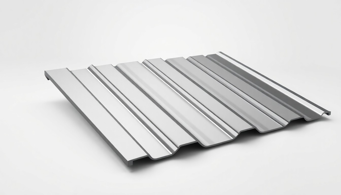 A close-up photograph of a polished, geometric metal roof panel with a premium PVDF finish, arranged elegantly on a clean, monochromatic background to showcase the panel's sleek, modern design and durability.