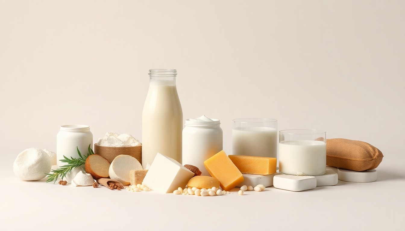 A high-end, photorealistic studio still-life photograph featuring a selection of premium dairy products and ingredients arranged elegantly on a clean, monochromatic background, conceptually representing the abstract ideas of dairy flavor innovation, including global influences, functional benefits, and indulgent experiences.