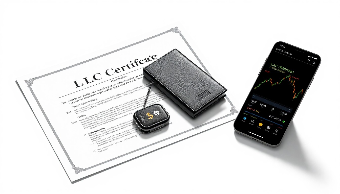 A photorealistic studio still life featuring a metal LLC formation certificate, a crypto hardware wallet, and a smartphone displaying a trading app, symbolizing the integration of traditional business formation and the digital asset economy.