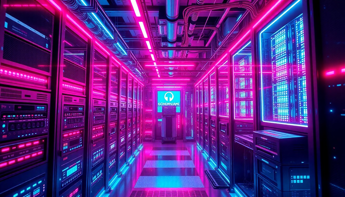 A highly detailed, glowing 3D illustration of a futuristic government data center, with neon cyan and magenta lights illuminating the complex network of servers, cables, and AI-powered hardware, conceptually representing the advanced technology powering mission-critical workflows.