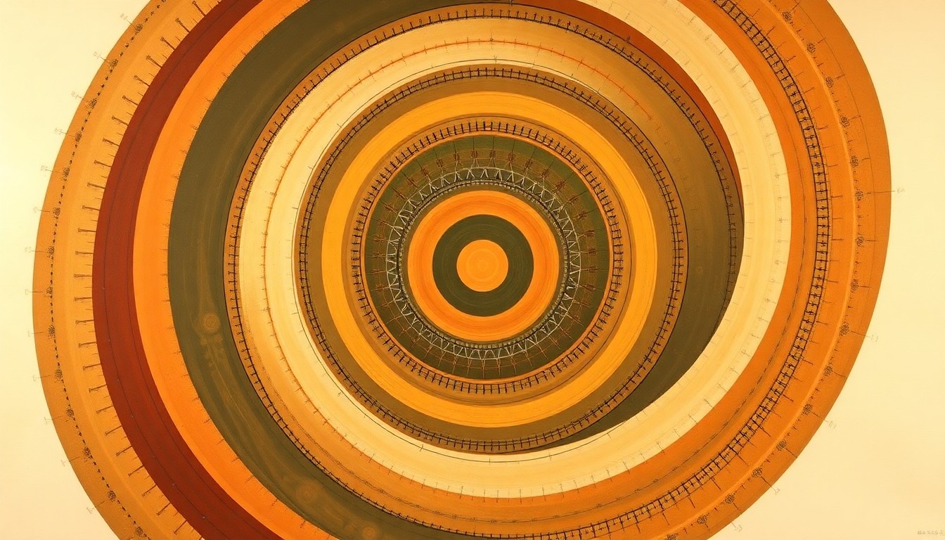 A highly textured, abstract painting in earthy tones of ochre, olive, and terracotta, featuring sweeping geometric arcs, concentric circles, and precise botanical spirals, conceptually representing the complex interplay between gut microbiota and mineral regulation in the human body.