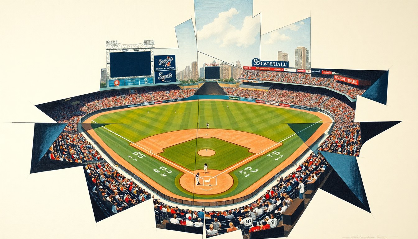 A cubist, geometric painting depicting a baseball game in an abstract, deconstructed style, with players and field elements broken down into overlapping planes of color and shape.