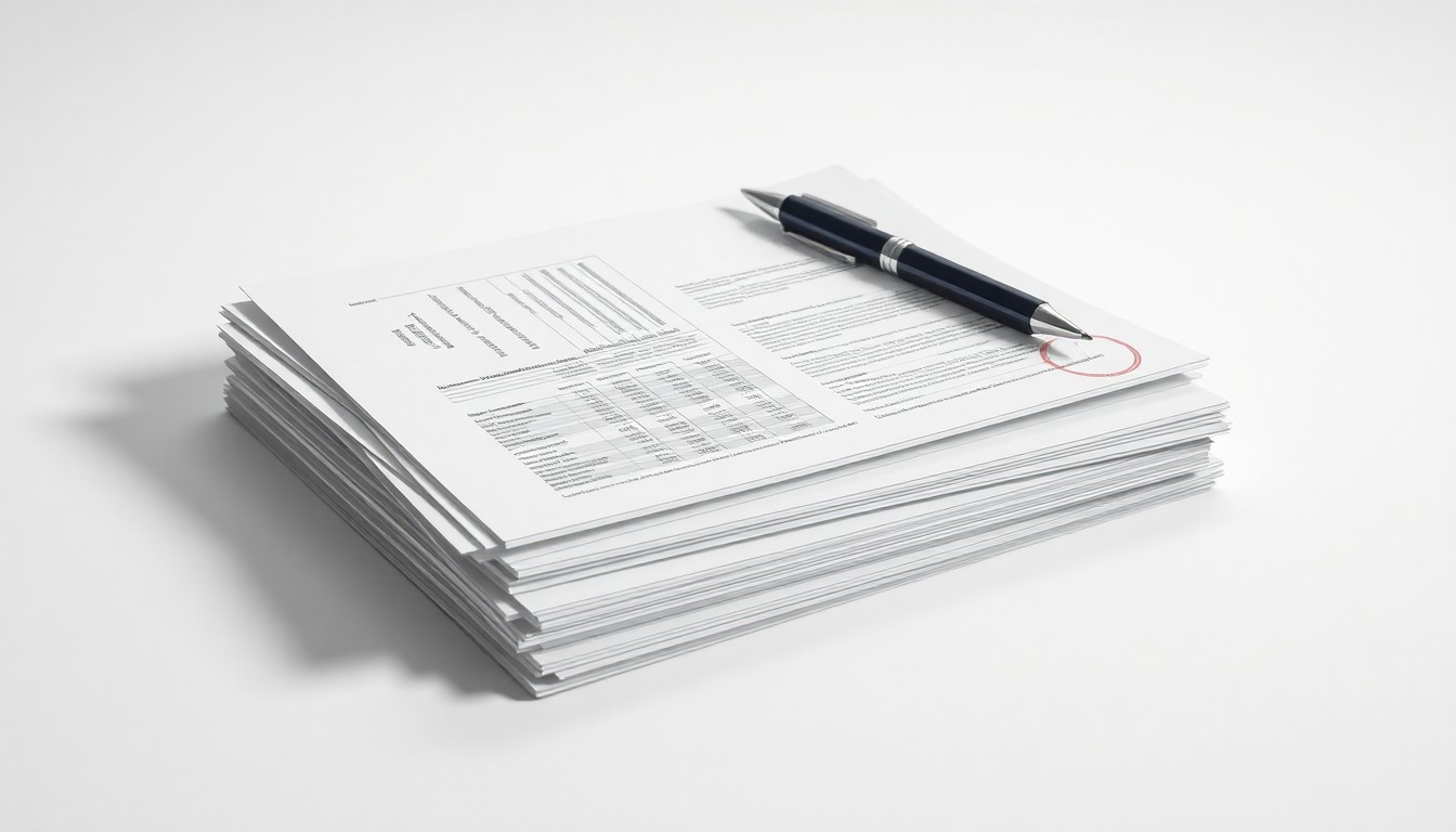 A high-end, photorealistic studio still-life photograph featuring a stack of neatly organized financial documents and a pen on a clean, white seamless background. The lighting is sharp and dramatic, with deep shadows to represent the abstract concepts of corporate governance and shareholder communications.