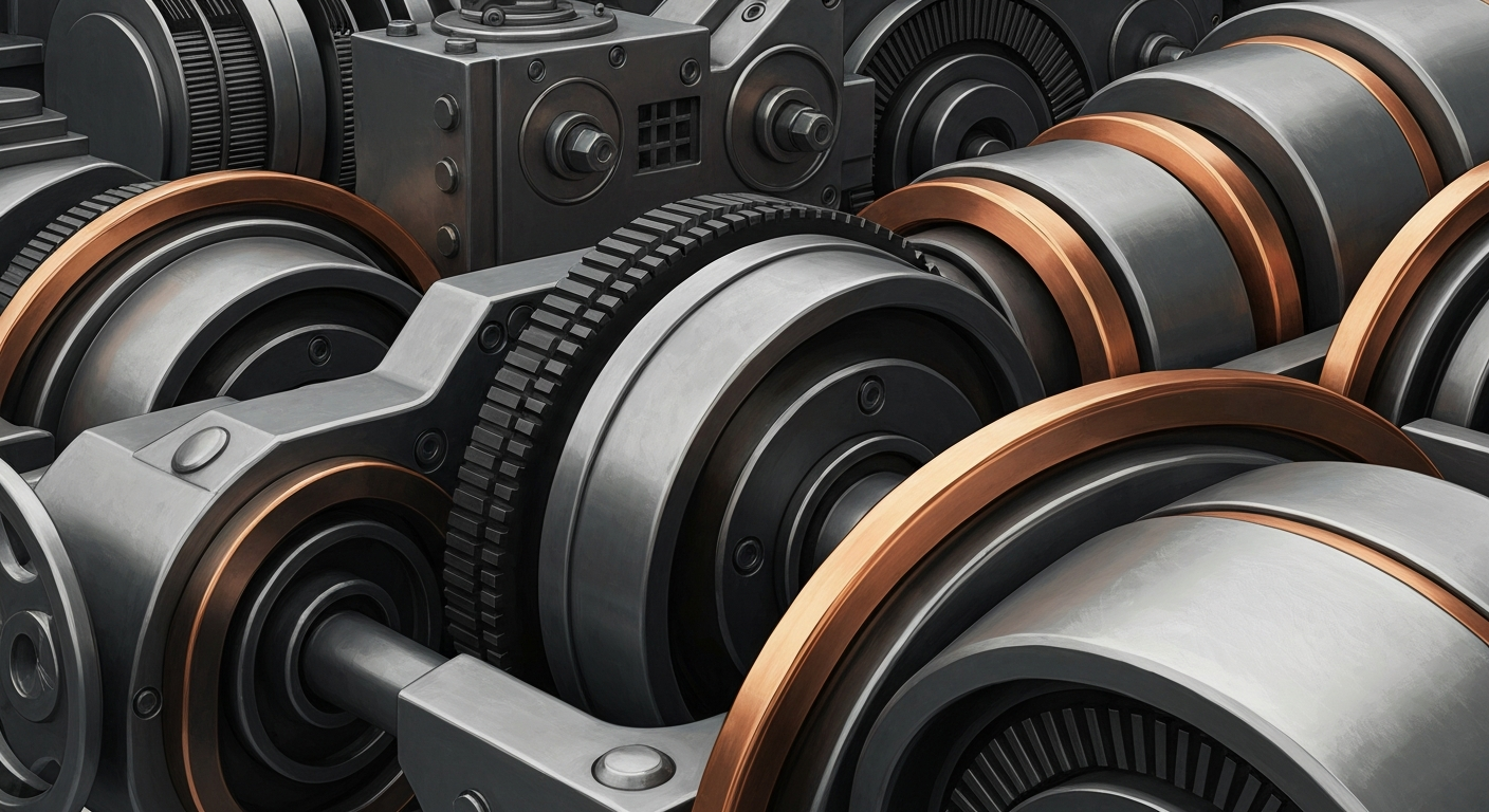 An extreme close-up of gears, levers, and other heavy industrial machinery in muted metallic tones, conveying the complex financial mechanisms underlying the proposed fund reorganization.