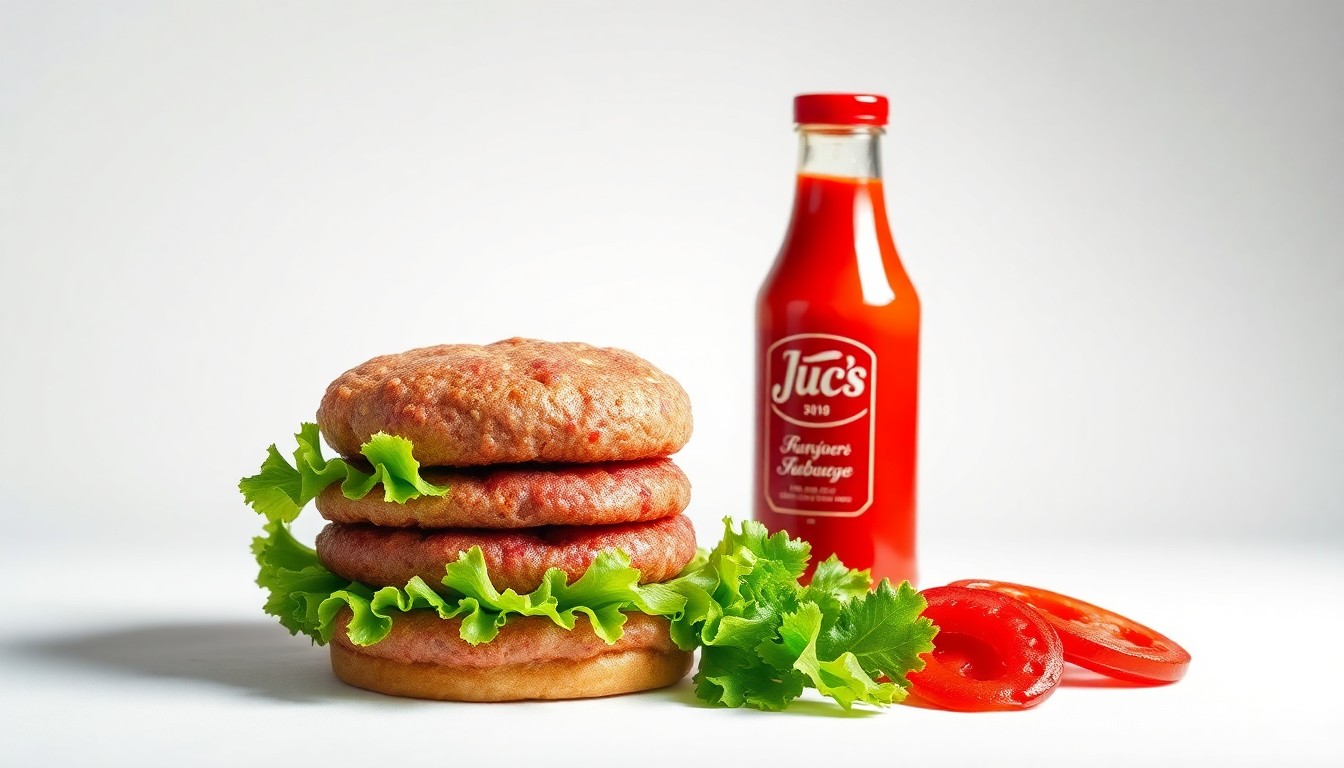 A high-end, photorealistic studio still-life photograph featuring a stack of fresh, juicy hamburger patties, a handful of crisp lettuce leaves, and a glass bottle of classic ketchup, all arranged elegantly on a clean, white seamless background with dramatic lighting and shadows.