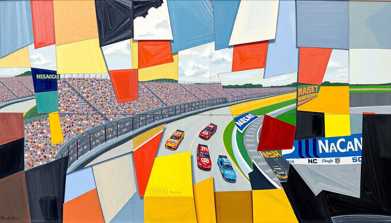 A cubist, geometric painting depicting a NASCAR Craftsman Truck Series race at Bristol Motor Speedway, with overlapping planes of color and shape representing the high-intensity, chaotic nature of the event.