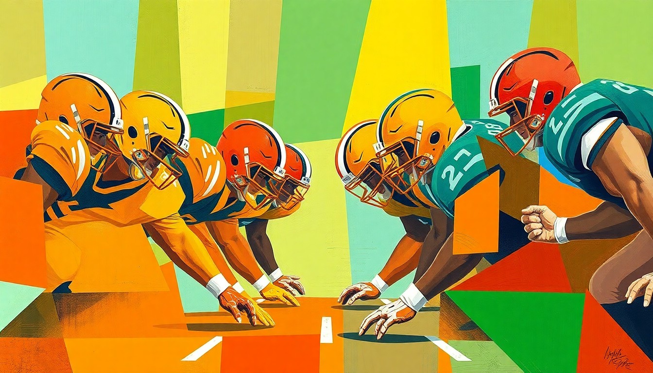 A fragmented, cubist-style painting depicting the overlapping geometric forms and planes of a football offensive line, rendered in a vibrant color palette that evokes the energy and dynamism of the sport.
