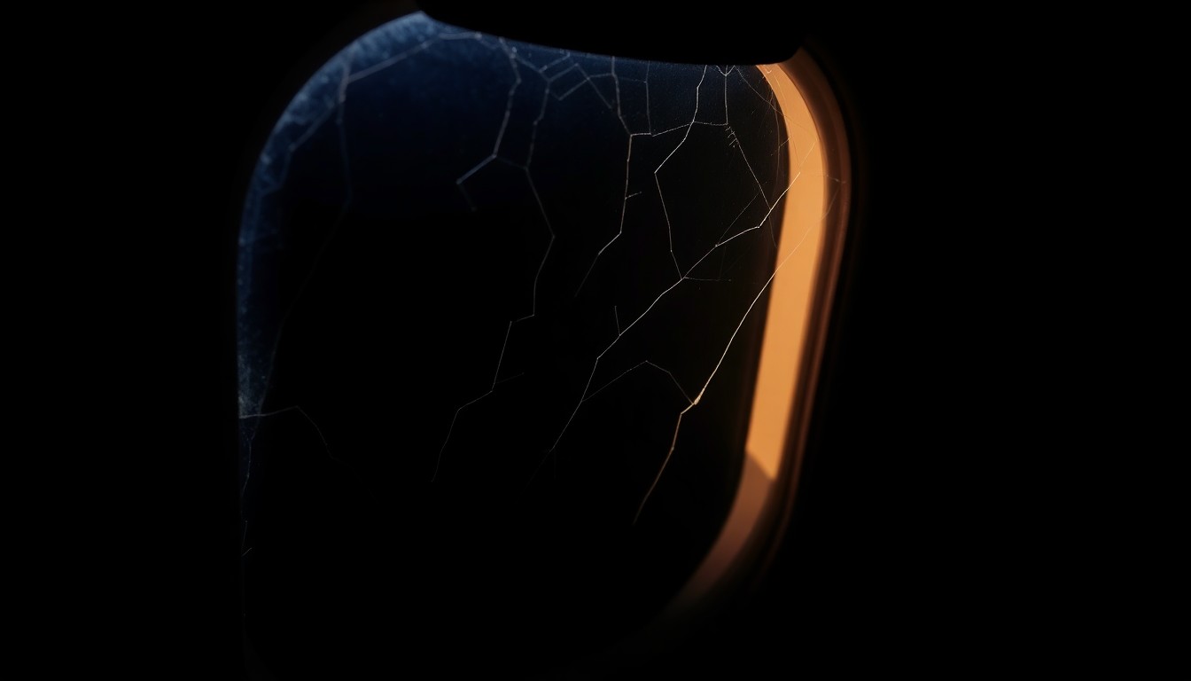 An extreme close-up photograph of a cracked and scuffed airplane window shade, lit by a harsh, direct camera flash against a pitch-black background, creating a stark, gritty, investigative aesthetic.