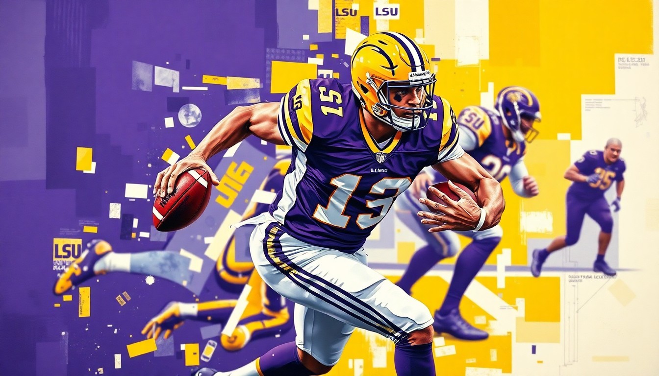 A fragmented, geometric painting in LSU's team colors depicts a football player in the midst of a pass rush, with sharp, overlapping planes representing the challenges facing the Tigers' defensive line.