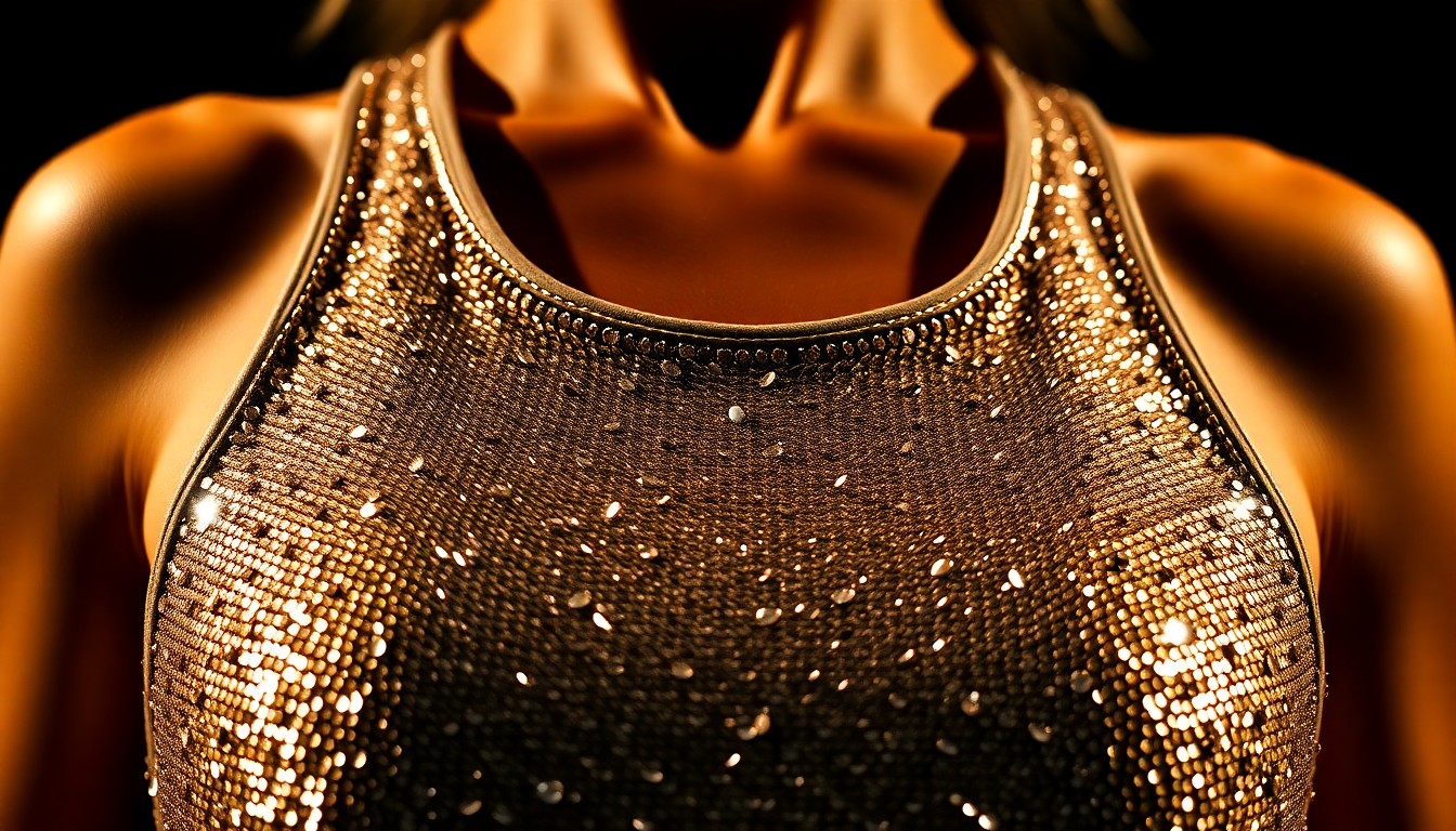 An extreme close-up of a sparkling, glittering tank top fabric in shades of silver and gold, capturing the luxurious, high-fashion aesthetic of Kylie Jenner's Coachella style.