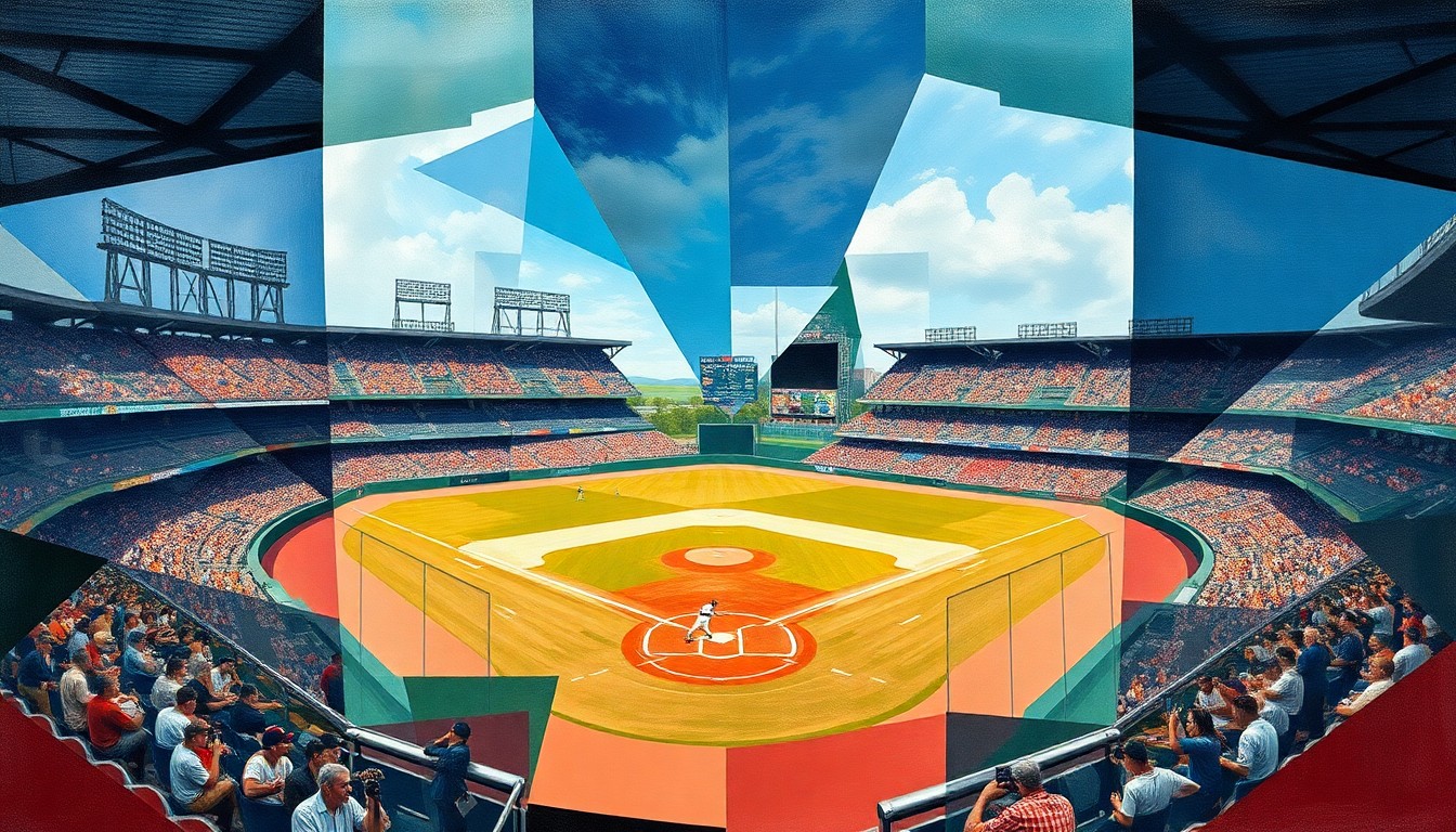 A cubist-style painting featuring overlapping geometric shapes and planes of color, representing the various elements of a baseball game in an abstract, deconstructed manner.