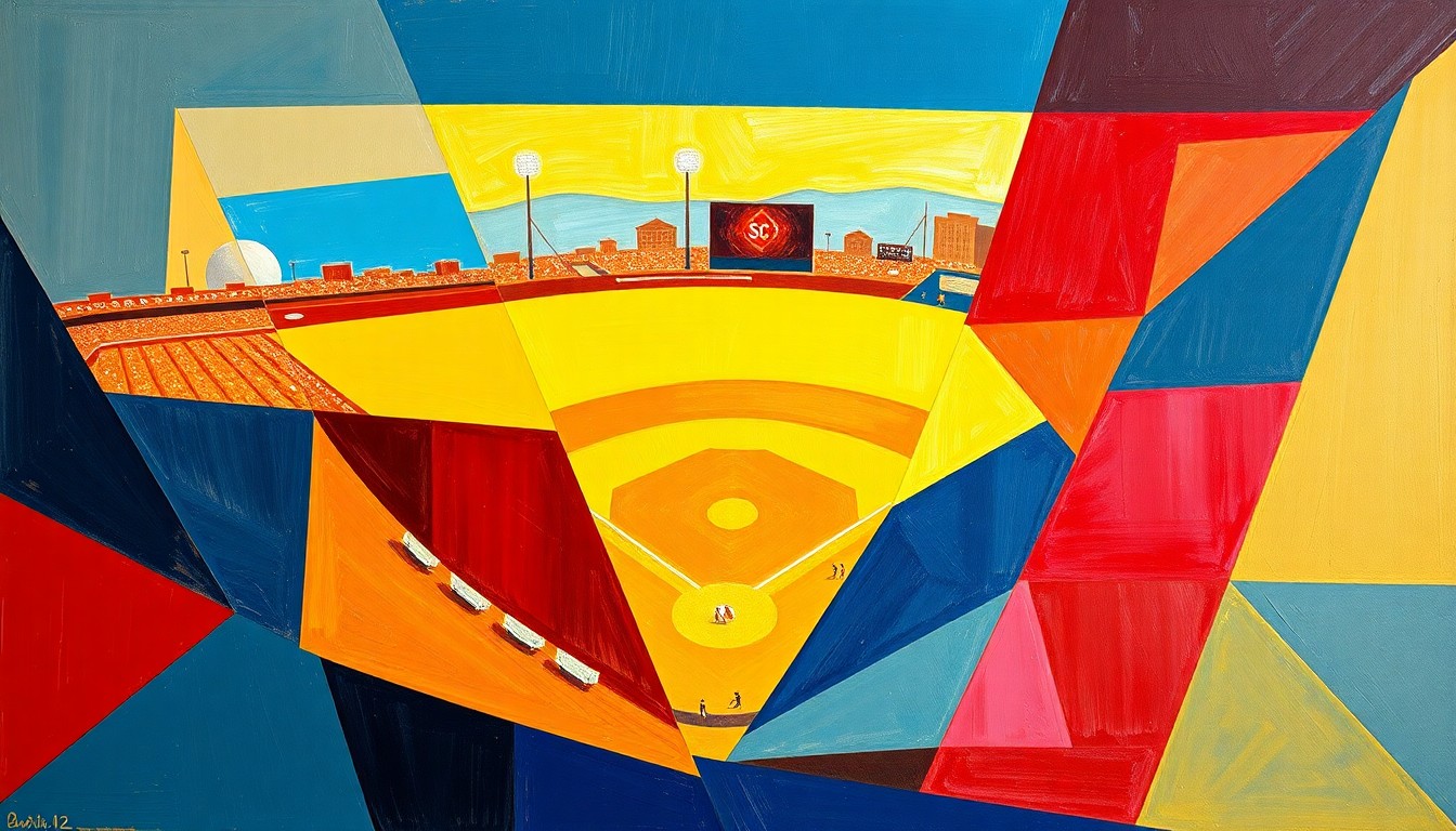 A vibrant, fragmented painting depicting a college baseball game, with the players and field broken down into overlapping geometric shapes and planes of cardinal red, navy blue, and golden yellow, capturing the raw energy and motion of the sport.