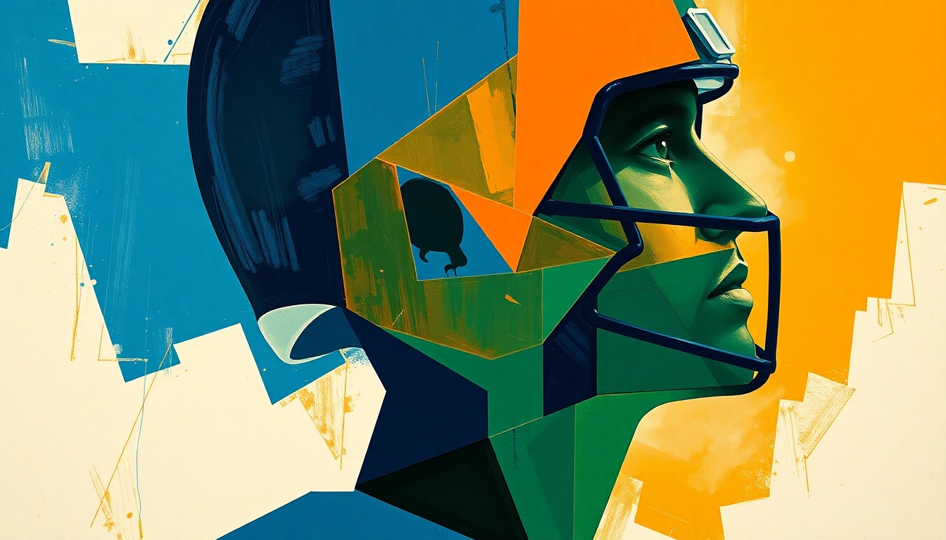 A cubist-style painting featuring a deconstructed silhouette of a football player, with sharp, overlapping geometric shapes in navy blue, forest green, and burnt orange, conveying a sense of fragmentation and unresolved emotions.