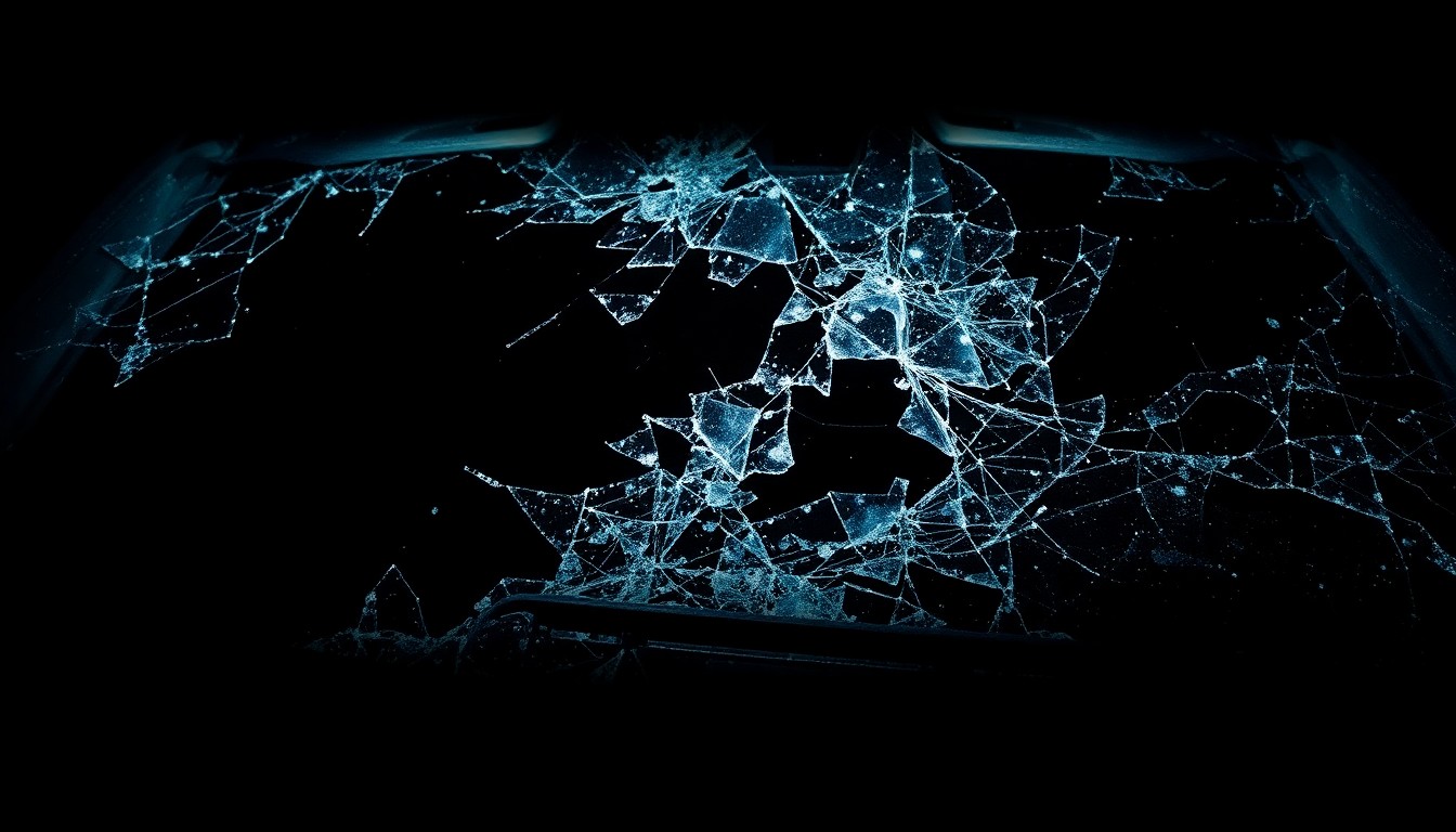 An extreme close-up photograph of a shattered car windshield or damaged vehicle part, lit by a harsh, direct camera flash against a pitch-black background, conceptually illustrating the aftermath of a fatal car crash.