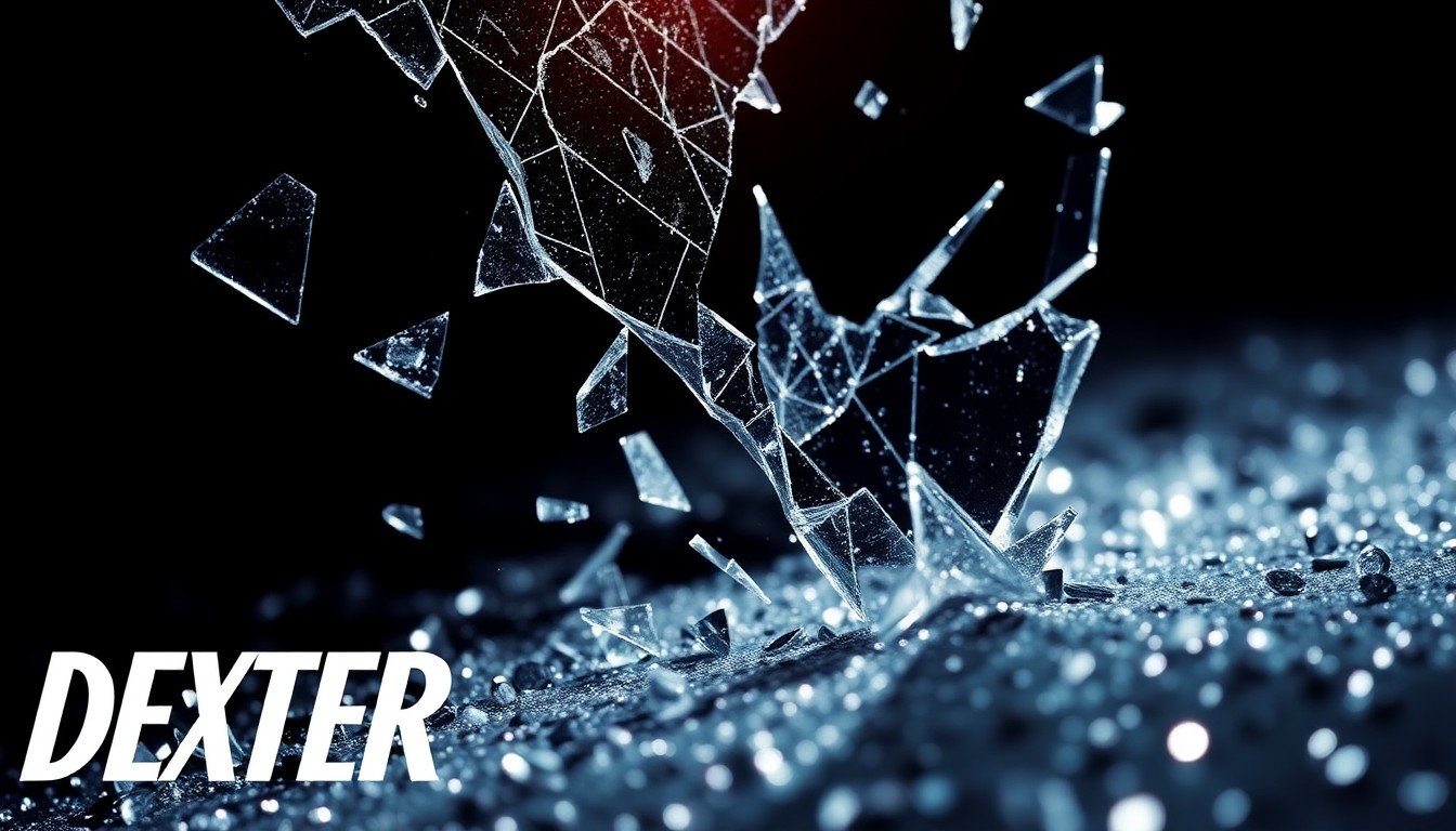 An extreme close-up of shattered glass and glittering sequins, capturing the high-stakes and glamorous world of the Dexter: Resurrection series.