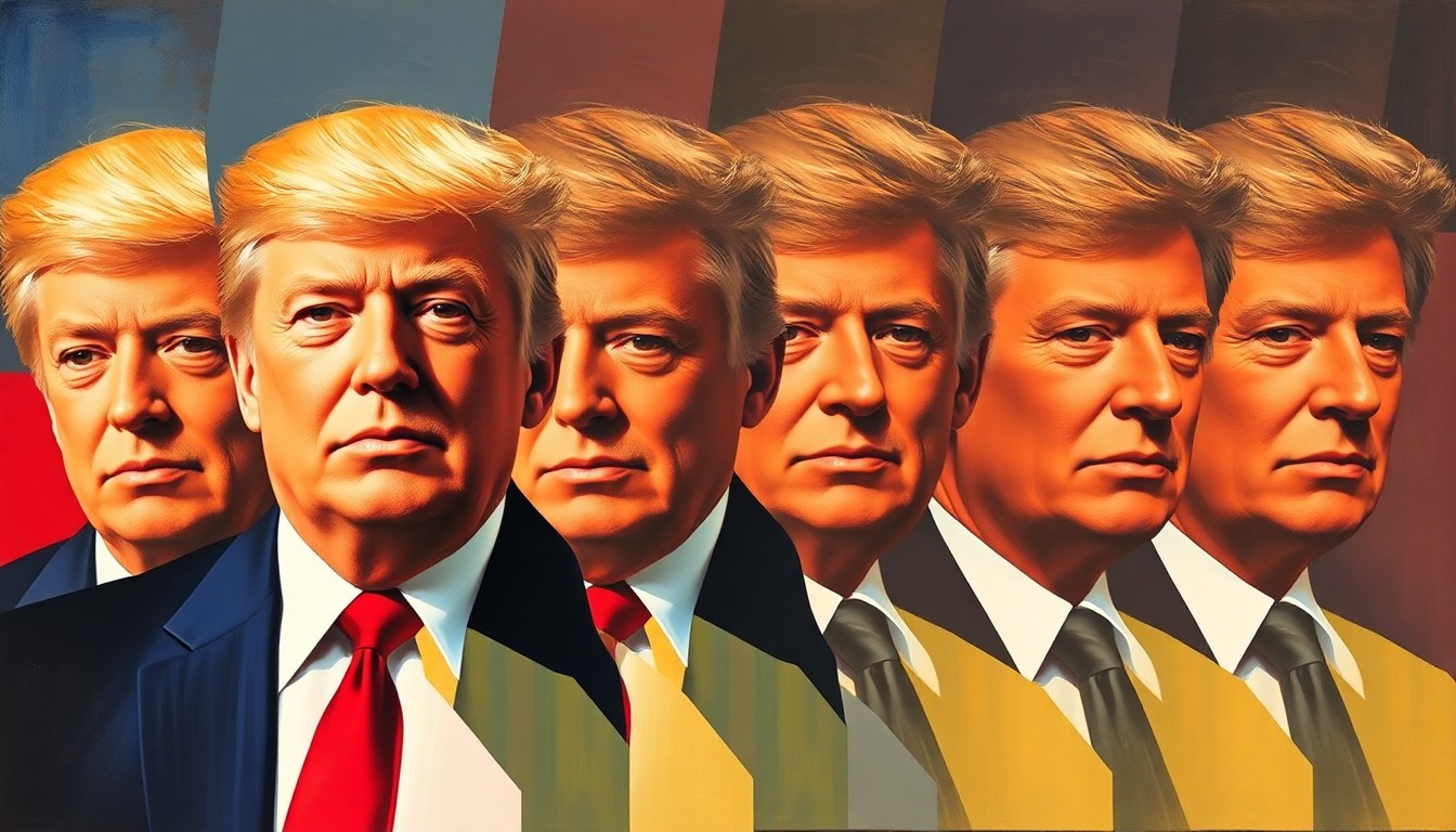 An abstract, fractured painting in bold colors depicting the silhouettes of President Trump and Bruce Springsteen, conceptually representing the polarized political landscape.