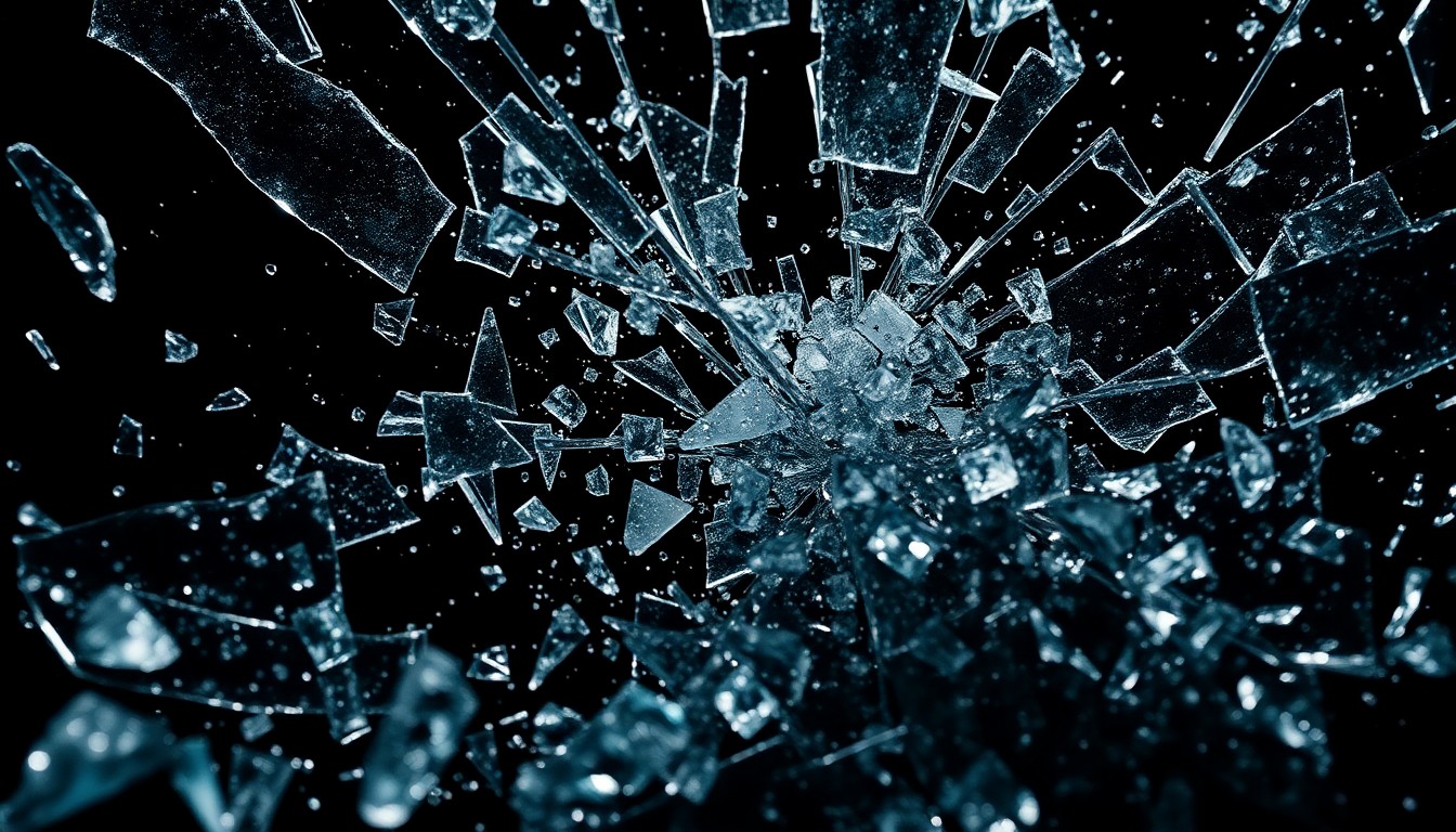 An extreme close-up photograph of shattered glass and metal textures in dramatic, high-contrast studio lighting, conceptually representing the aftermath of a violent incident.
