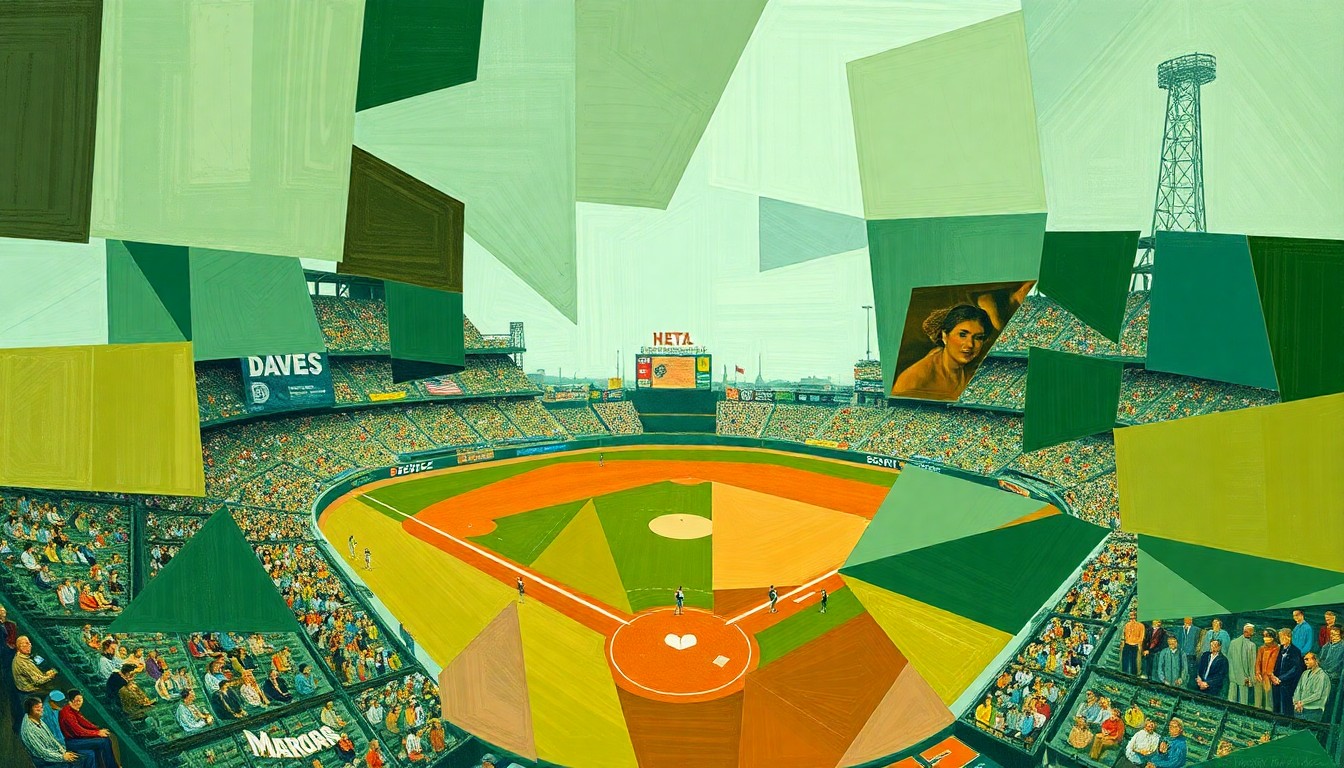 A fragmented, geometric painting depicting the dynamic movements and perspectives of a baseball game, with sharp planes of green, brown, and blue intersecting to create an abstract, energetic composition.
