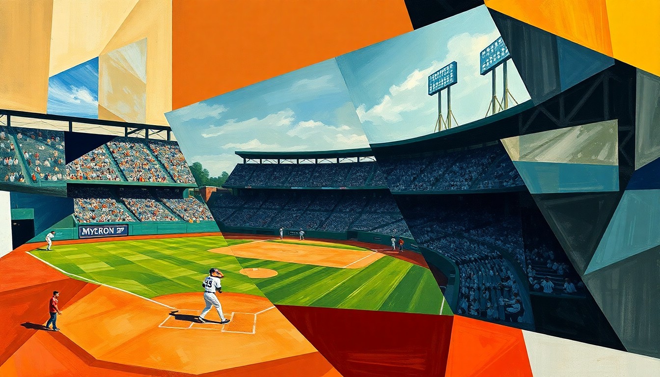 A fragmented, geometric painting depicting the dynamic movements and competing perspectives of a baseball game, conveying the sport's inherent drama and complexity.