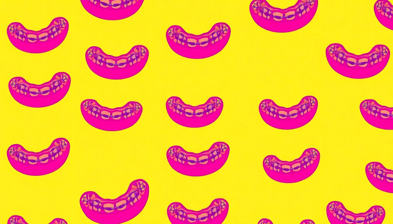 A brightly colored, high-contrast silkscreen print of a dental retainer repeated in a tight grid pattern, conceptually representing the vibrant energy and modern aesthetic of a new orthodontic practice opening in the community.