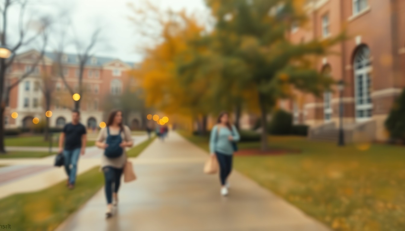 An abstract, impressionistic photograph showing a blurred scene of students walking on a campus sidewalk, with trees and buildings visible in the background, all captured in soft, warm pools of light and color.