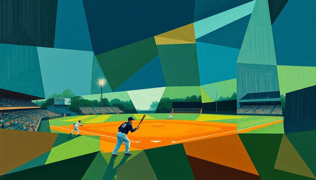 A cubist, geometric painting depicting a high school baseball game, with overlapping planes of navy, green, and orange conveying the dynamic action and energy of the sport.