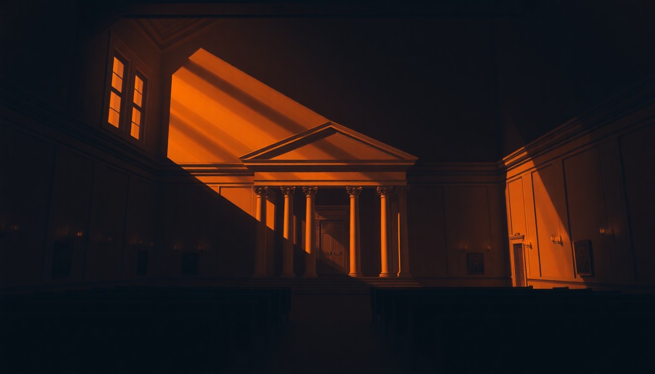 A serene, photorealistic painting of an empty government meeting room with warm natural light streaming through the windows, capturing the quiet contemplation of civic duty.