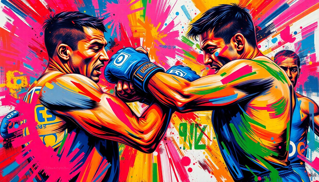 An abstract, expressionist painting in neon colors depicting the chaotic energy and movement of a grappling session, with figures and details blending together in a vibrant, energetic display.