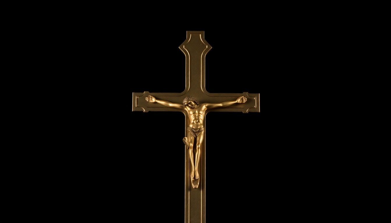 An extreme close-up photograph of a gold crucifix against a pitch-black background, lit by a harsh, direct camera flash, conveying a stark, gritty, and investigative aesthetic.