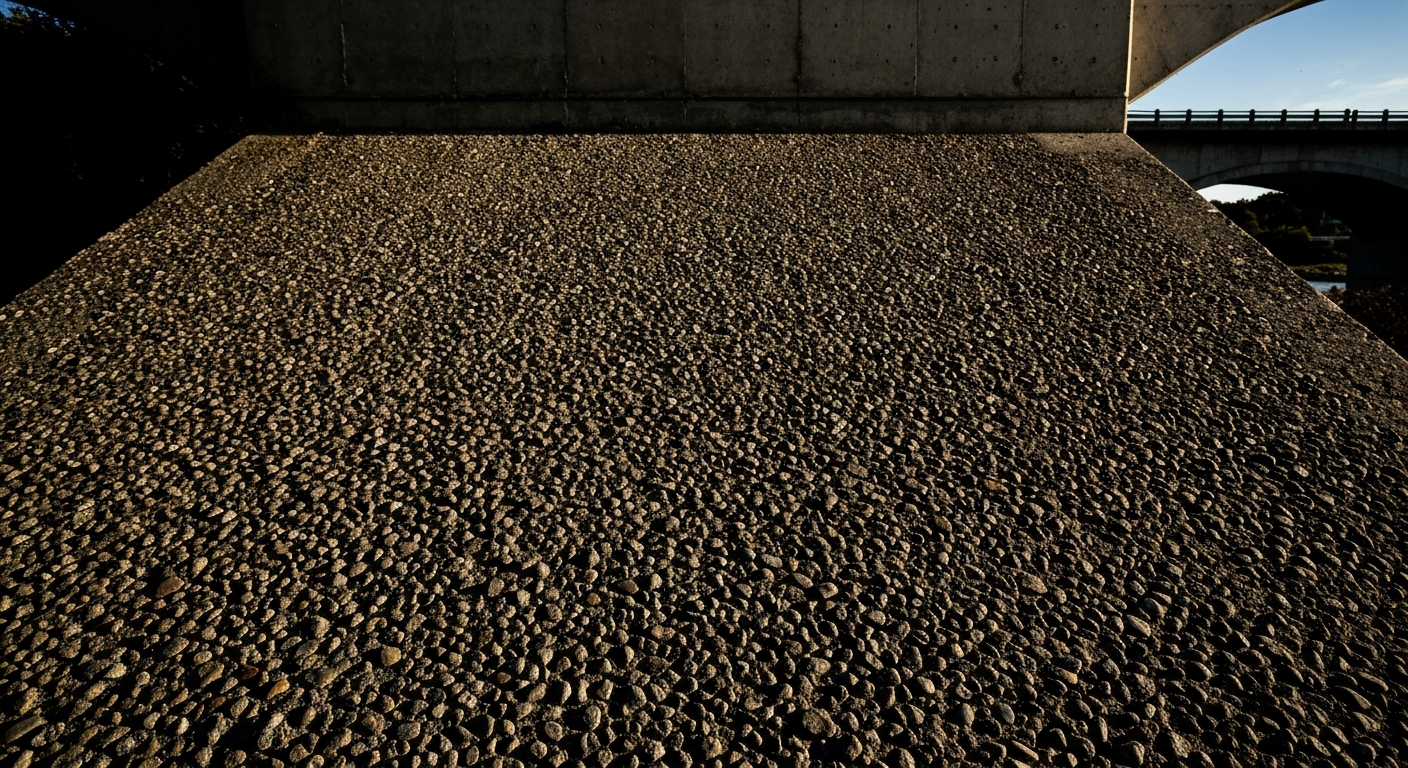 An extreme close-up of the textured, weathered surface of an old concrete bridge abutment, conveying the materiality and age of the infrastructure being replaced.
