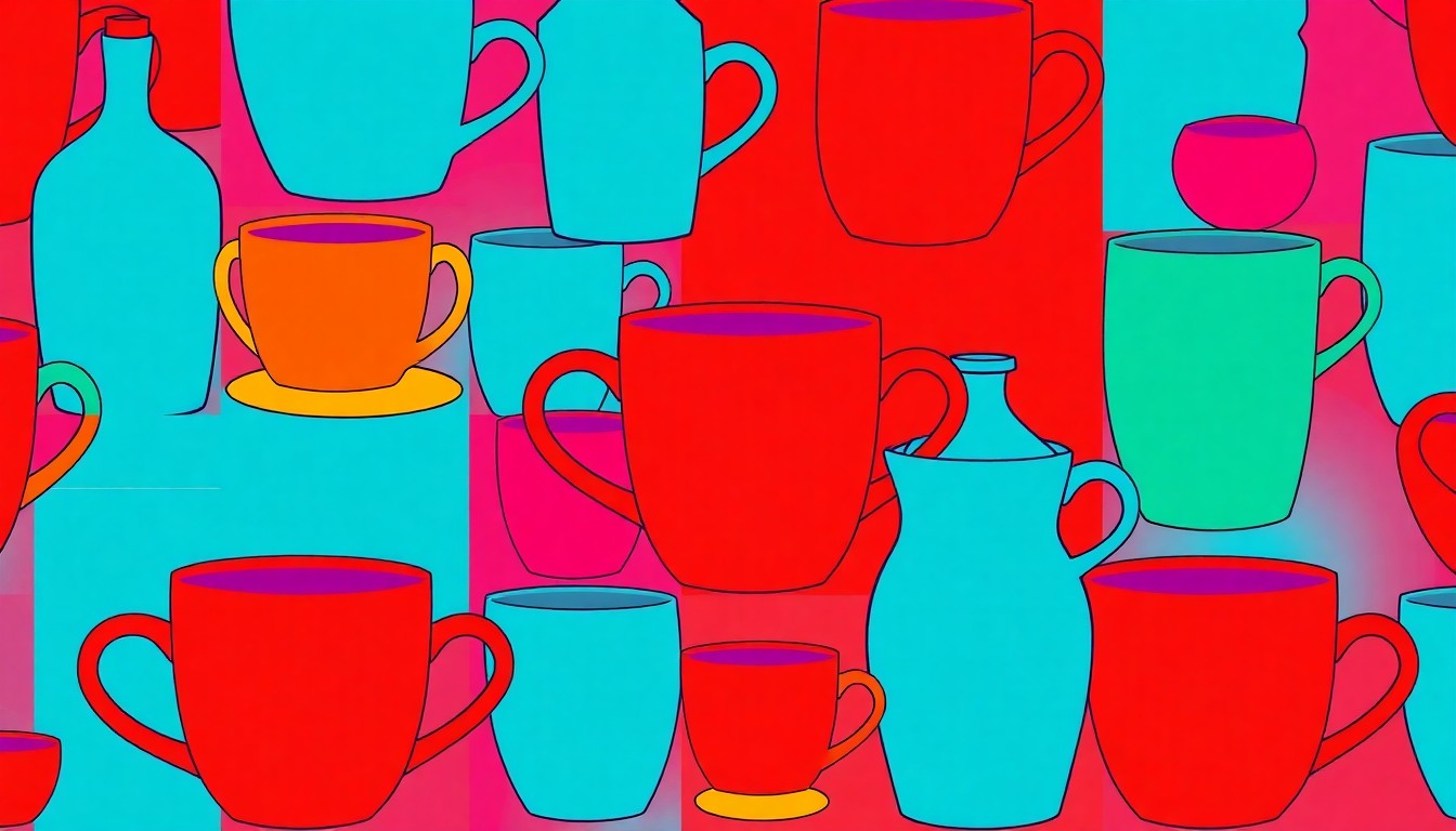 A brightly colored, high-contrast silkscreen print of a single, iconic luxury item such as a vase or coffee table, repeated in a tight grid pattern in the style of Andy Warhol, capturing the bold, contemporary aesthetic of the Ritz-Carlton Residences in Houston.