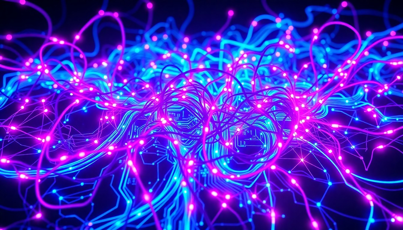 A highly detailed, glowing 3D illustration of a tangled web of illuminated circuit boards, wires, and data nodes in shades of neon blue, purple, and magenta, conceptually representing the complex digital infrastructure behind social media platforms.