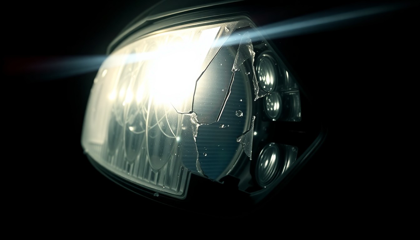 An extreme close-up photograph of a damaged car part, such as a broken side mirror or shattered headlight lens, lit by a harsh, direct camera flash against a pitch-black background, conceptually illustrating the tragedy of a fatal highway accident.