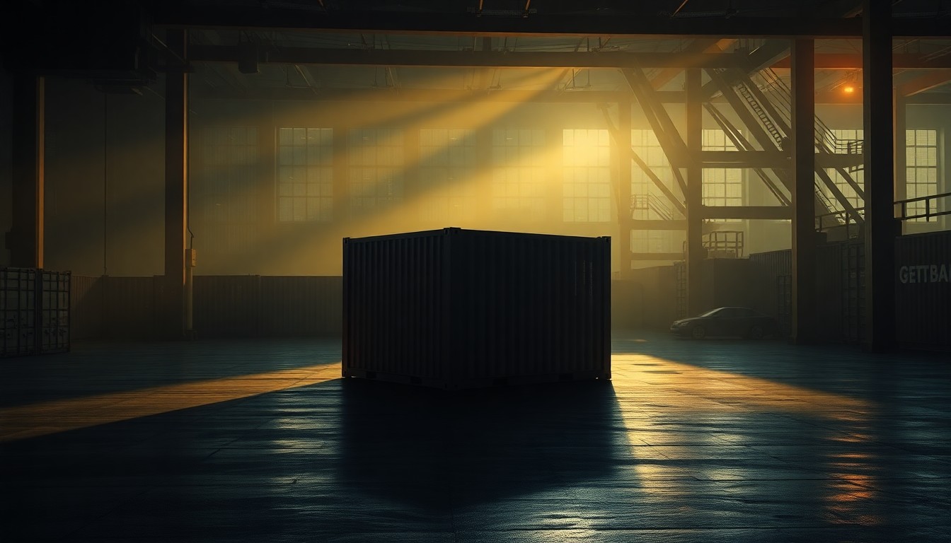 A solitary shipping container in a dimly lit port terminal, with warm sunlight casting dramatic shadows across the scene, conveying a sense of quiet contemplation and the weight of trade policy decisions.